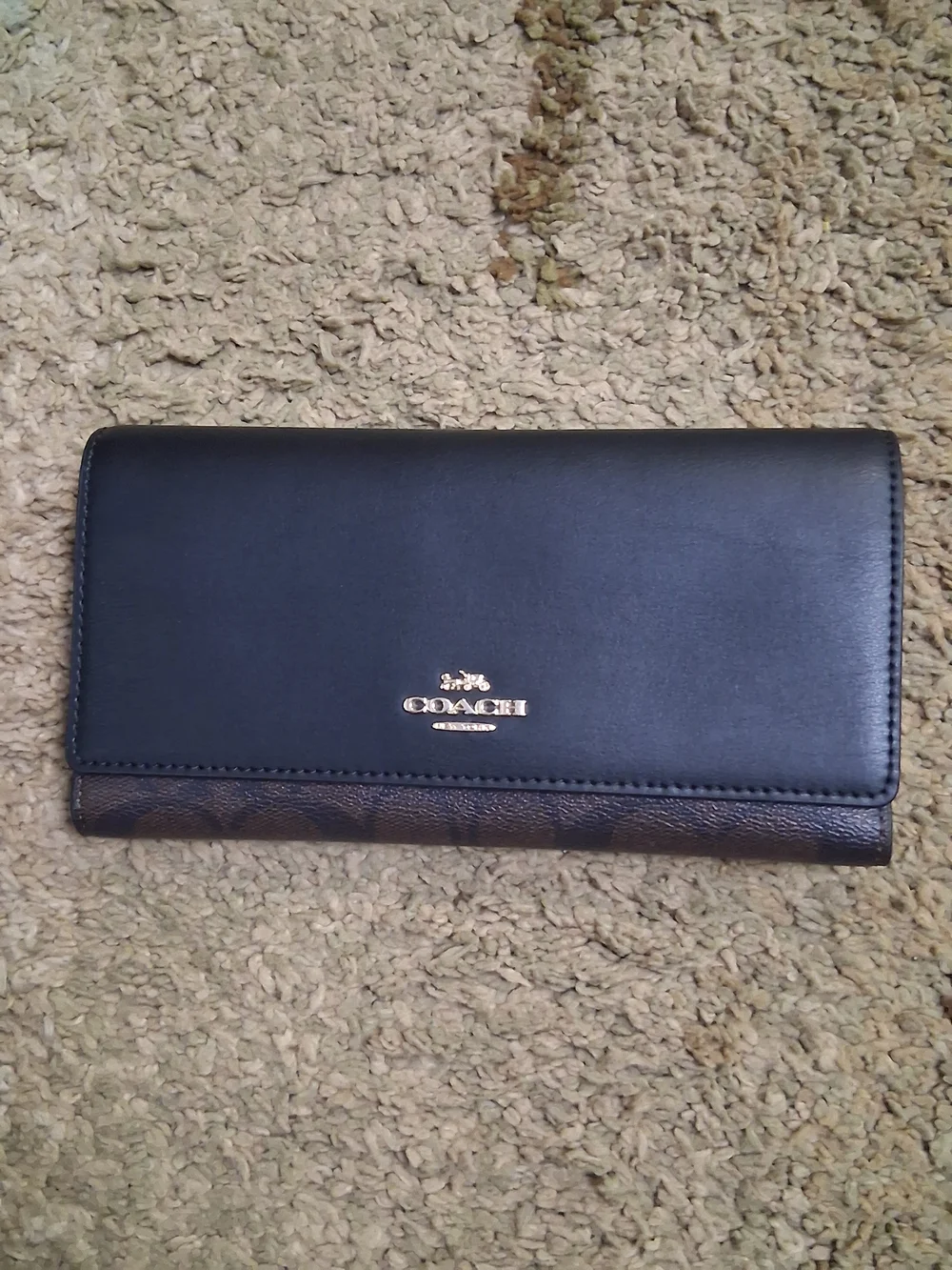 Coach Black Leather Continental Wallet with Brown Signature Trim